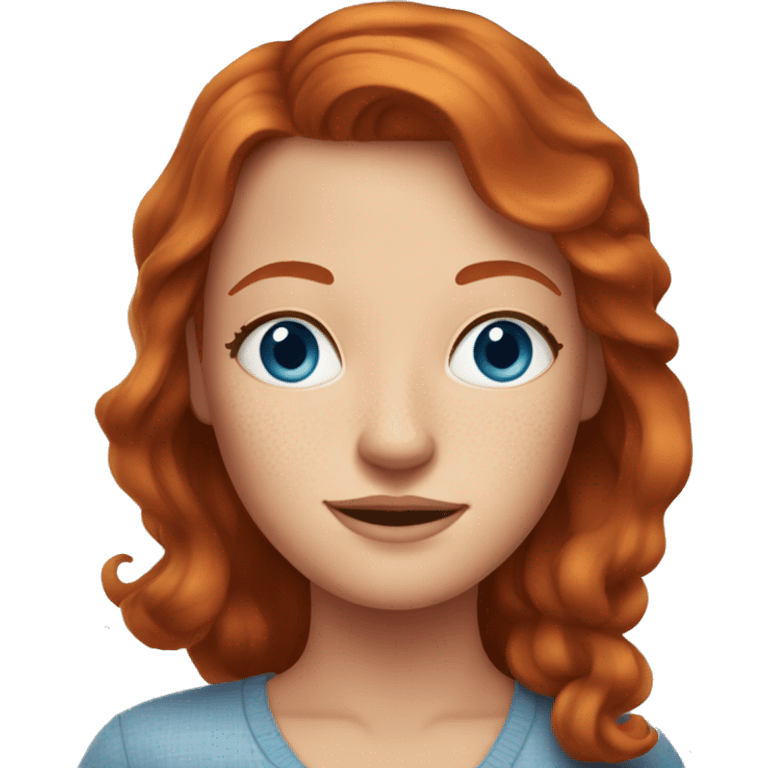 Redhead lady in 30s with freckles at home with blue eyes emoji