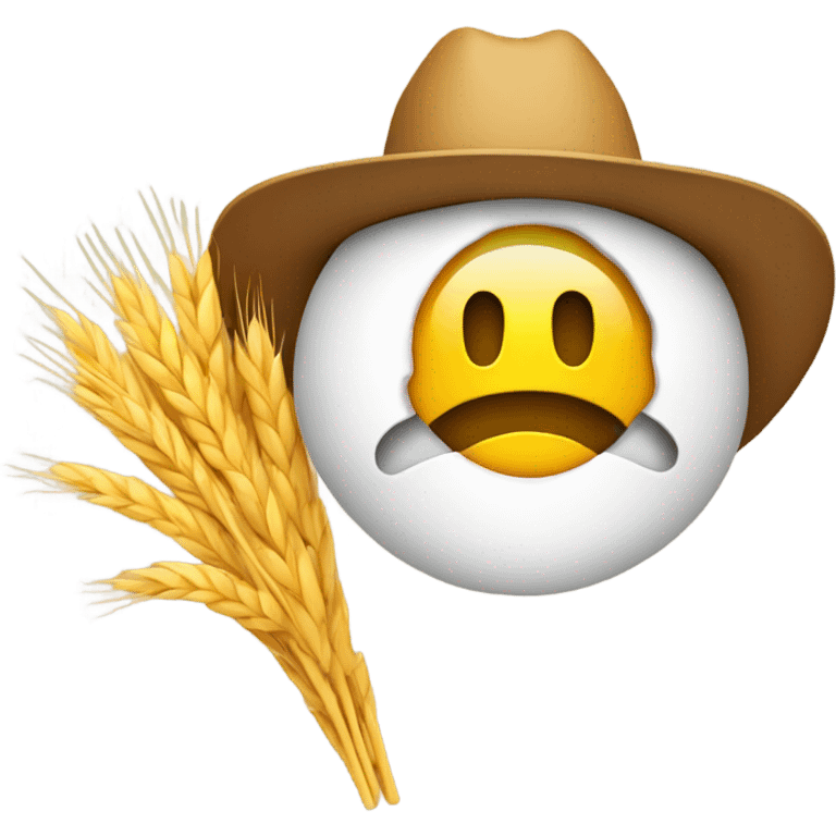 Yellow, round emoji, in a cowboy hat, smiling with a piece of wheat dangling from mouth emoji