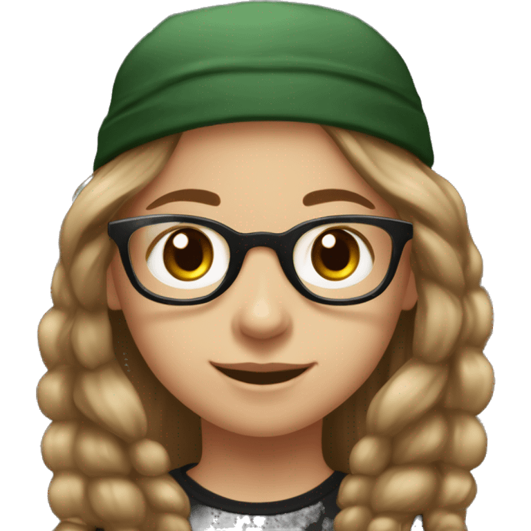 Slavic girl, light skin, smiling with teeth, round brown eyes, spotted frame glasses, long brown straight highlighted hair, black T-shirt, dark green cap, black badge ribbon emoji