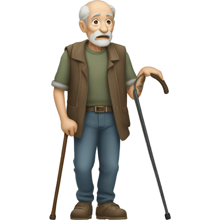 Old man with tattoos leaning on a walking cane holding his back with the other hand emoji