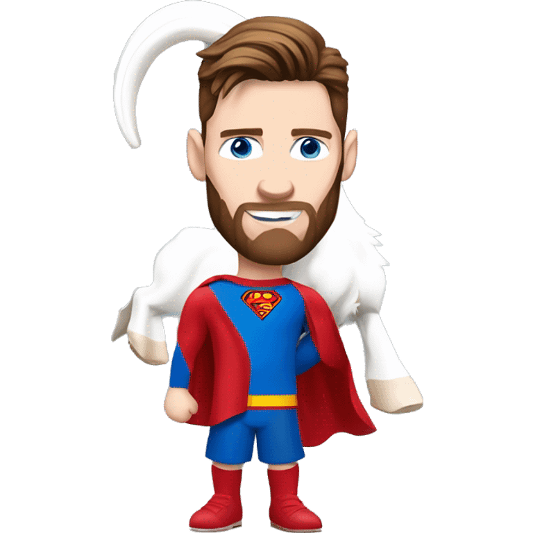 Messi holding a goat, redish hair redish beard, blue eyes, dressed as superman emoji