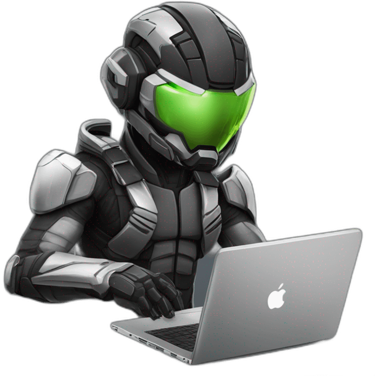 Young man developer behind his laptop with this style : Crytek Crysis Video game with nanosuit hacker themed character emoji