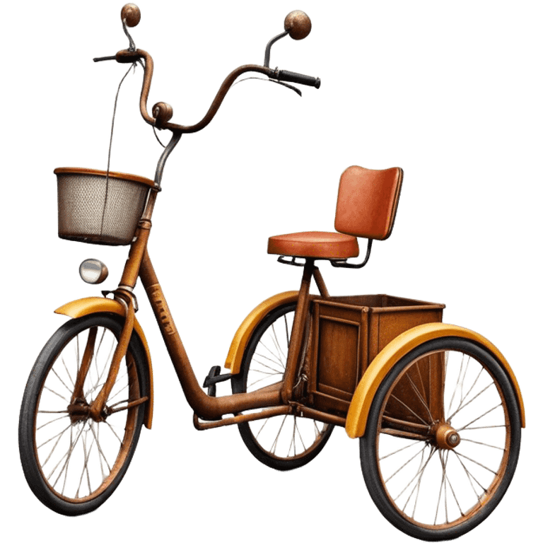 ​Cinematic Realistic Tricycle Rickshaw, depicted as a vintage manually operated vehicle featuring two front wheels and a single rear wheel, rendered with detailed rustic textures, vibrant colors, and dynamic urban lighting that captures its unique design and cultural charm, emoji