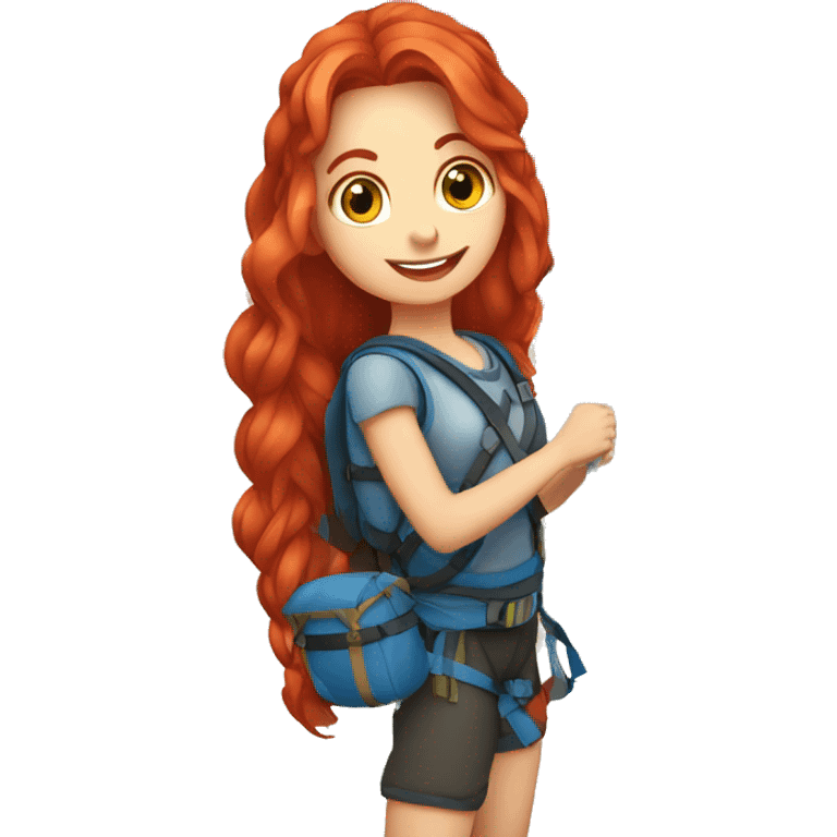 greek flag Female mountain climber long red hair climbing with Greek flag on backpack and holding Easter eggs basket emoji