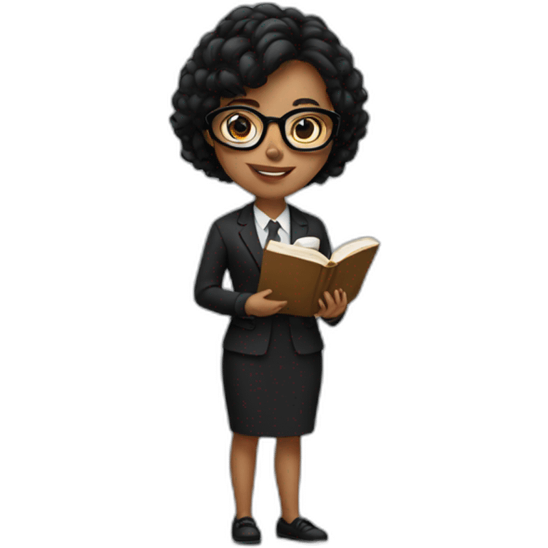 a girl in a black suit and glasses holding a book. emoji