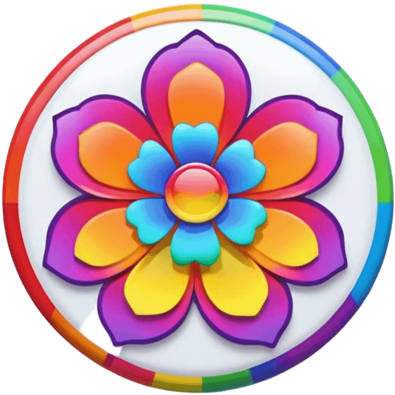 A round psychedelic colored button with bezeled edges and a rainbow colored flower in the center emoji