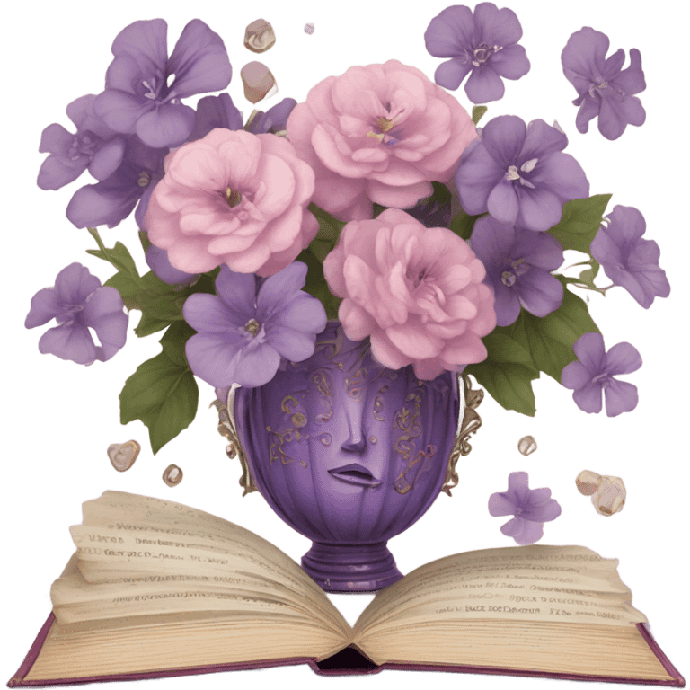 An aesthetic arrangement of a violet vintage book and pink flowers in a glass vase, surrounded by antique letters emoji