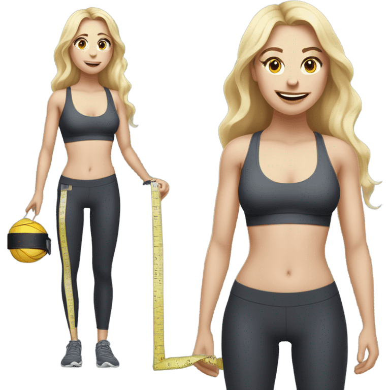 Woman, white skin, pale skin, long hair, blonde hair, wavy hair, standing, sports bra, leggings, tape measure around waste emoji