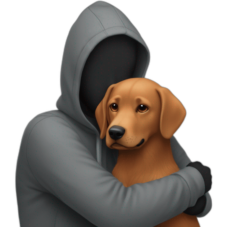 a slender man wear grey hoodie with and have a red beard hugging a black Labrador emoji