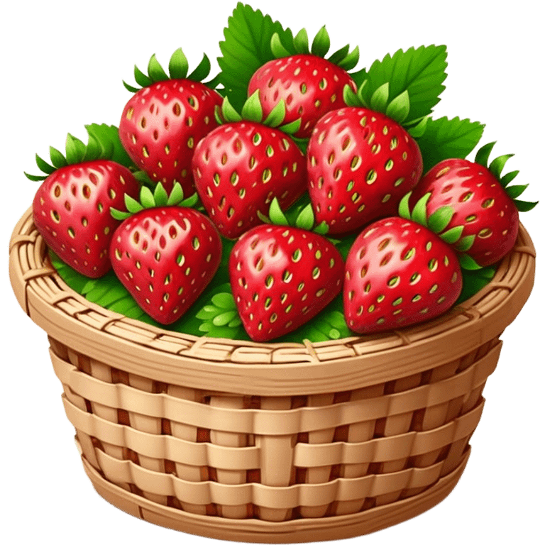 Cinematic ripe strawberrie, deep red, glossy with tiny seeds, green leaves still attached, gathered in a rustic basket, warm glowing background, fresh and sweet. emoji