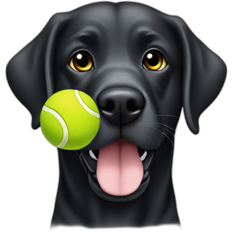 Black Labrador retriever tennis ball in mouth small eyes gray hair on chin emoji