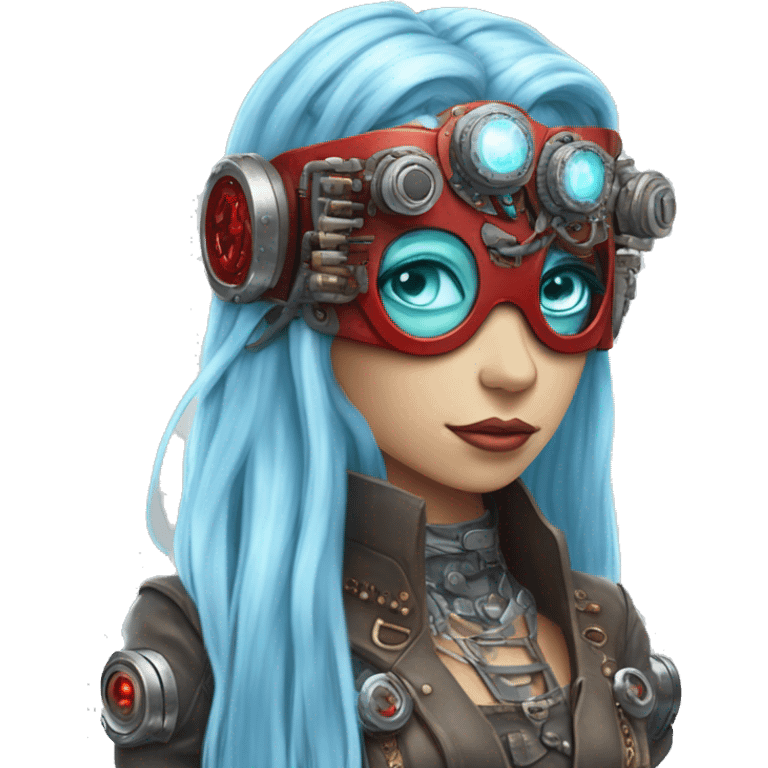 Light blue long hair female cyborg head with red steampunk headband goggles and circuits emoji