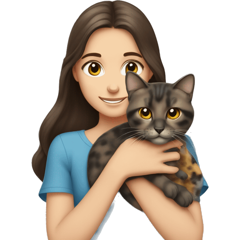 blue-eyed brunette girl holds gray yellow-eyed tortoiseshell cat in her arms emoji