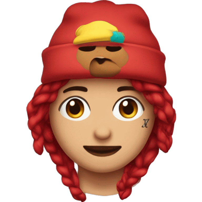 persona con gorro rojo y tatuajes emoji