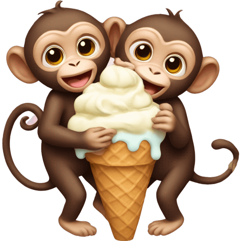 three baby monkeys hugging and eating ice cream  emoji