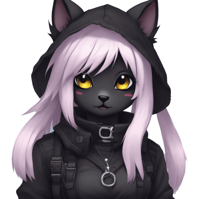 Gorgeous furry gothic dark techwear anime style anthro black cat furry sona Fakemon with blushing face aesthetic and pretty edgy black with collar and harness trending style emoji