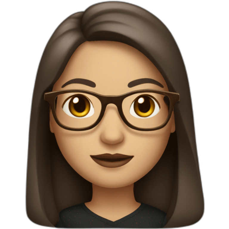 A classic Apple Memoji of a woman with long dark brown hair, brown eyes and golden frame glasses emoji