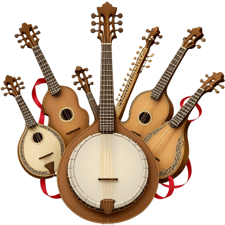 Design a complex and festive emblem-like emoji representing plucked string instruments, such as a banjo, mandolin, domra, sitar, and similar instruments. The composition should resemble a heraldic crest, with the instruments arranged symmetrically and gracefully, their necks intertwining with a flowing ribbon of musical notes. The ribbon should weave through the strings and headstocks, symbolizing the harmonious connection between the instruments. Use detailed engraving on the instrument bodies and fretboards to emphasize their craftsmanship. Incorporate rich, celebratory colors like gold, mahogany brown, deep green, and vibrant accents. Add subtle shading and light reflections to create a three-dimensional, polished look. Include ornate elements like swirls, laurel leaves, and decorative flourishes to enhance the festive and professional appearance. The background should be transparent to highlight the emblem as a standalone piece. emoji