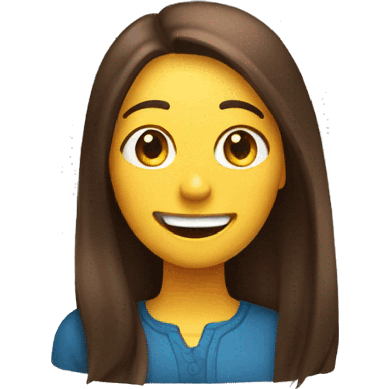 An emoji of a woman with long, straight brown hair and a very  large mouth, smiling with a friendly expression emoji