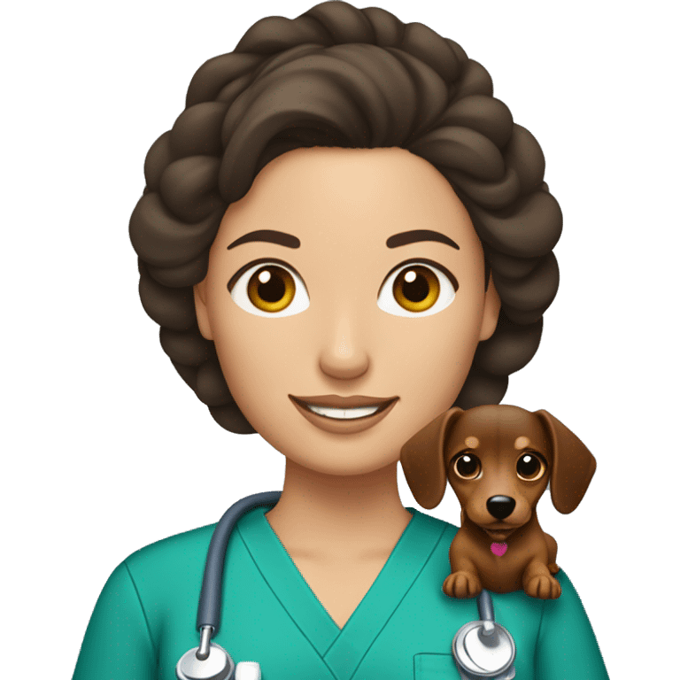 Brunette woman with a top knot wearing scrubs holding a dachshund emoji