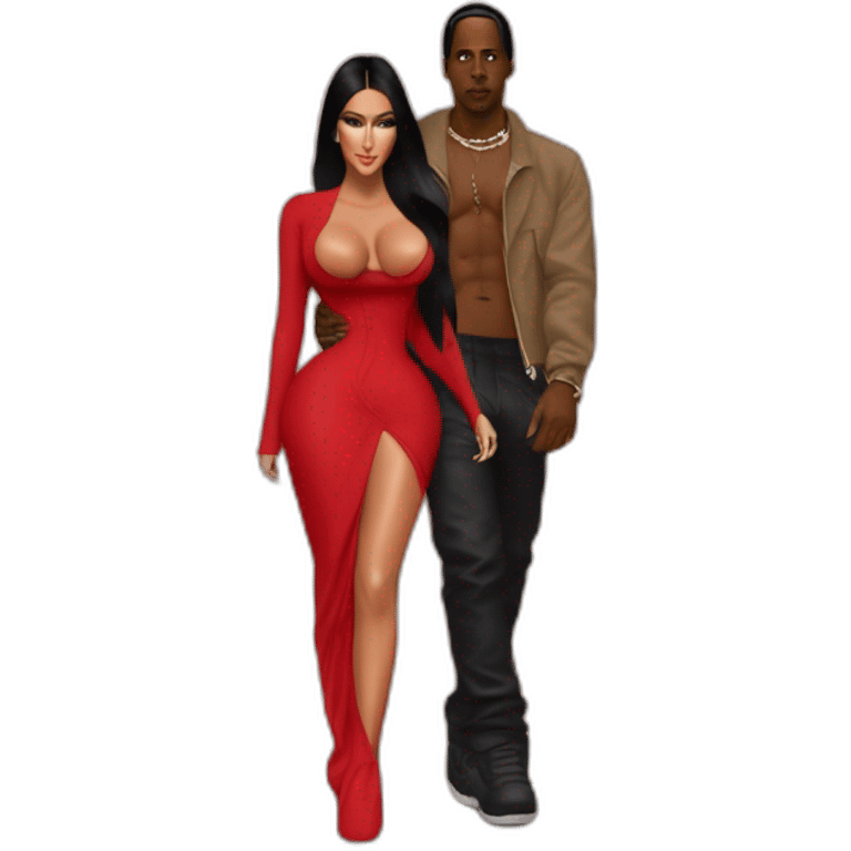 kim kardashian habillée en rouge sur le dos de Travis scott emoji