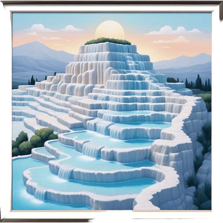 Cinematic Realistic Pamukkale Landmark Emoji, showcasing surreal cascading terraces of thermal waters rendered with ethereal textures and soft, luminous lighting. emoji