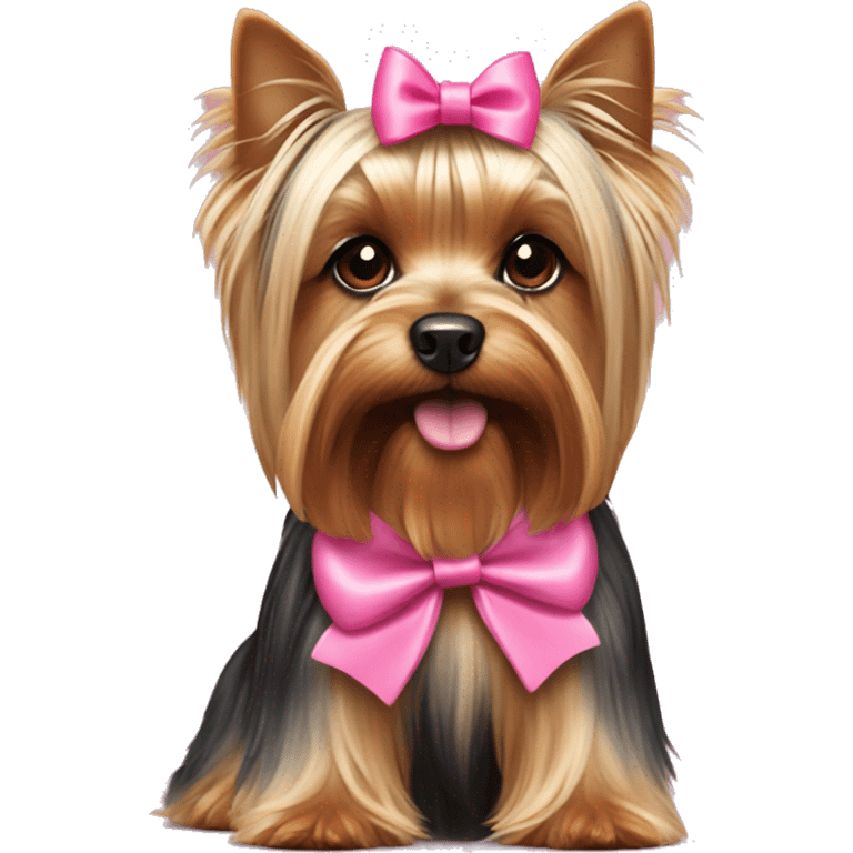 yorkshire terrier with pink lead and pink bow on head emoji