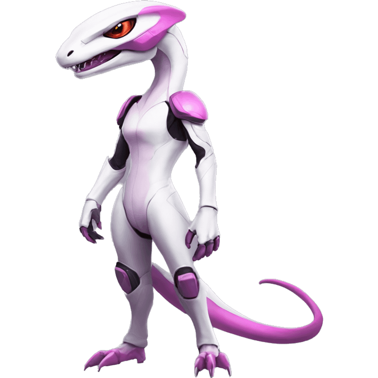 White Lizard-Reptile-Raptor-Alien-Genesect-Mewtwo-Fakémon, with pink eyes, with a futuristic visor-helmet, wearing a techwear-suit, Full Body emoji