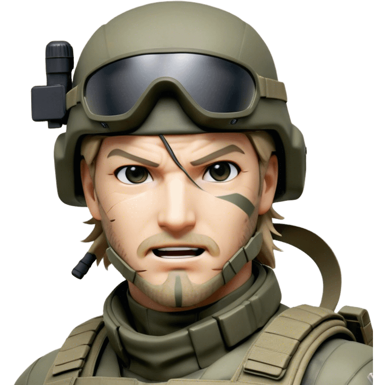 Cinematic Realistic Metal Gear Solid Snake Soldier Portrait, head tilted dramatically with an exaggeratedly amused expression, blending stealthy seriousness with a touch of unexpected humor. His rugged features, set against intricately detailed tactical gear in muted earth tones, are rendered with lifelike texture and dynamic lighting, high shine, dramatic yet whimsical, capturing the essence of a soldier whose epic covert skills are matched by a playful, irreverent spark. emoji