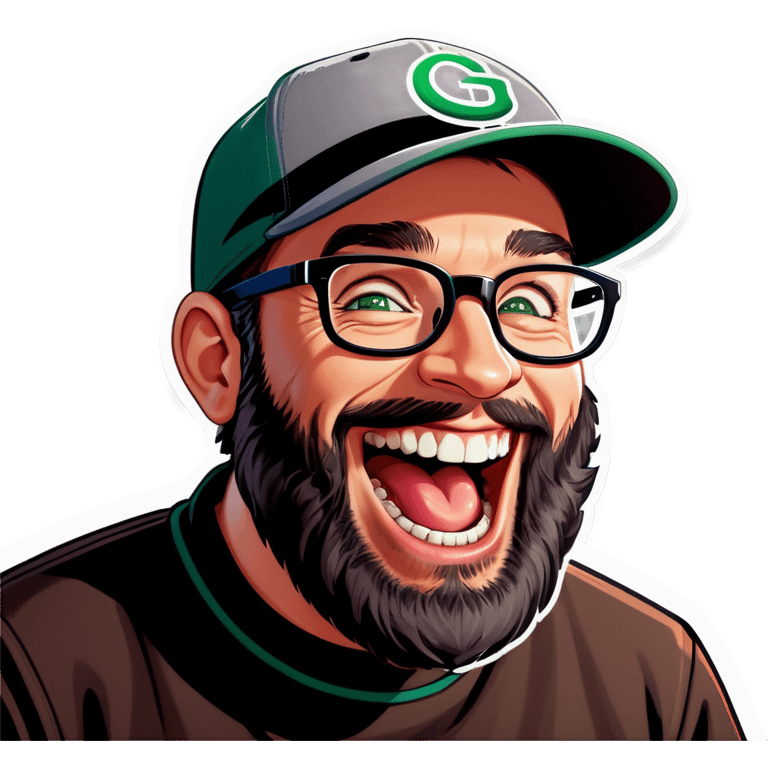 A man with a grey baseball cap, green eyes, big dark brown beard and glasses, laughing out loud  emoji