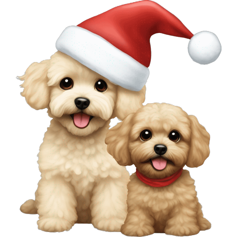 one dark maltipoo and one blonde maltipoo wearing santa hat emoji