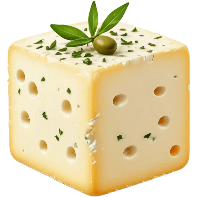 Cinematic Realistic Feta Cheese Dish Emoji, depicted as a block of crumbly, tangy cheese garnished with olive oil and herbs rendered with lifelike detail and soft natural lighting. emoji