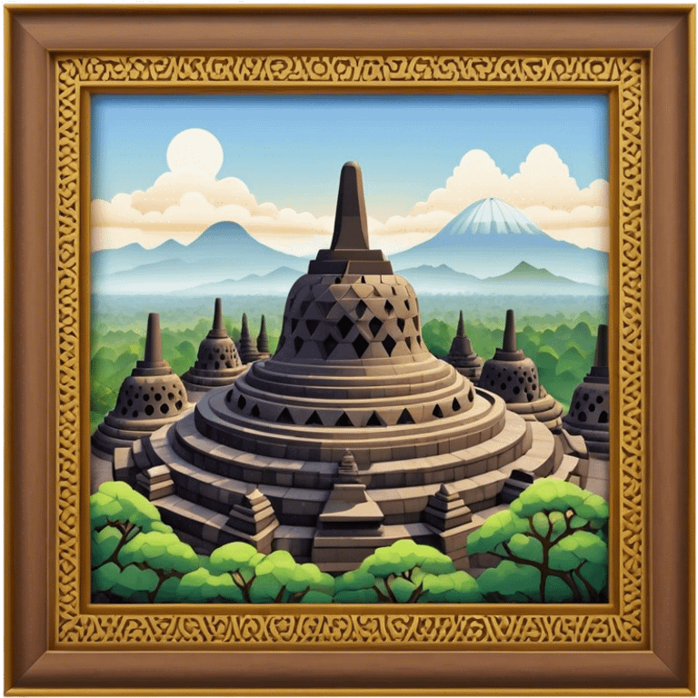 Cinematic Realistic Borobudur Landmark Emoji, showcasing the majestic ancient Buddhist temple rendered with intricate textures and serene, historic lighting. emoji