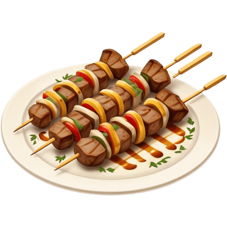 Cinematic Realistic Souvlaki Dish Emoji, showcasing skewered, grilled meat with Mediterranean spices rendered with dynamic textures and warm, appetizing lighting. emoji