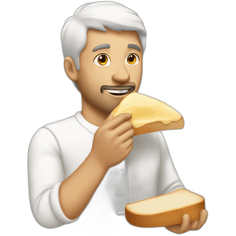 a man eating a slice of bread with a white sauce emoji