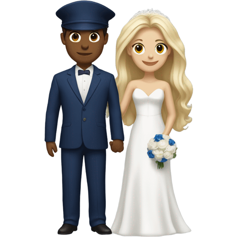 Puerto rican beard short hair with blue hat and navy blue suit getting Married with blond long hair girl with white  wedding dress  emoji