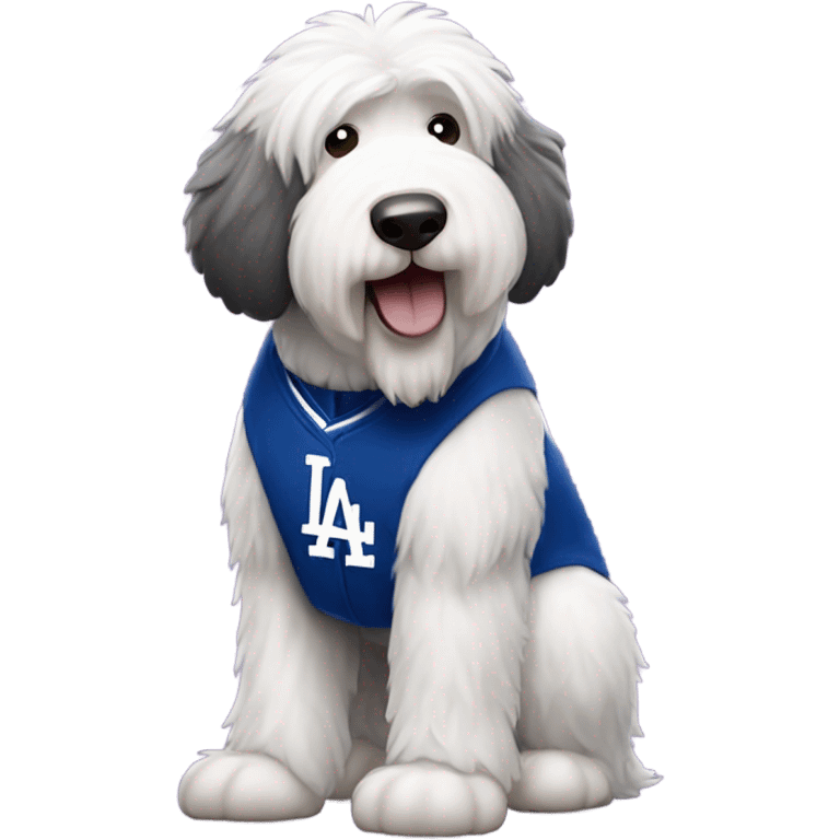 Old English Sheepdog full height wearing a Los Angeles dodgers shirt emoji