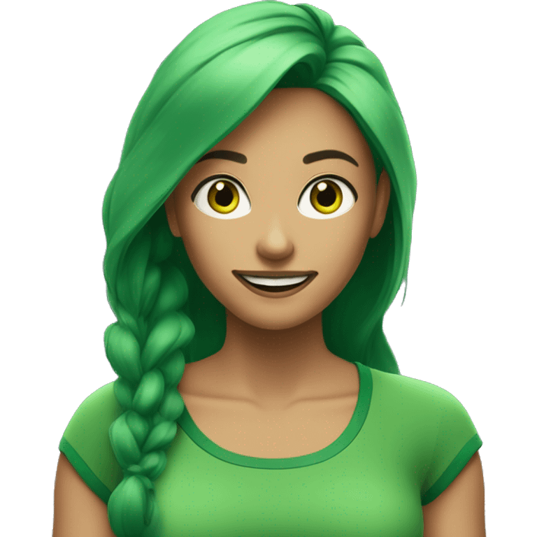 A woman in a green sports top with long green hair smiles broadly. Green eyes. Green skin emoji