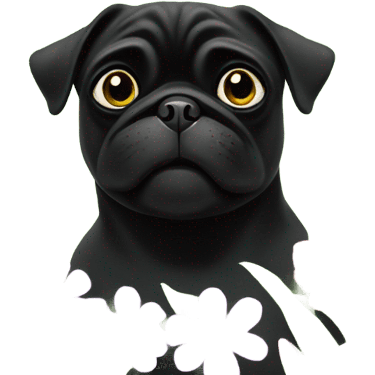 Black pug , surrounded by flowers, holding a green sign that says “good luck”  emoji