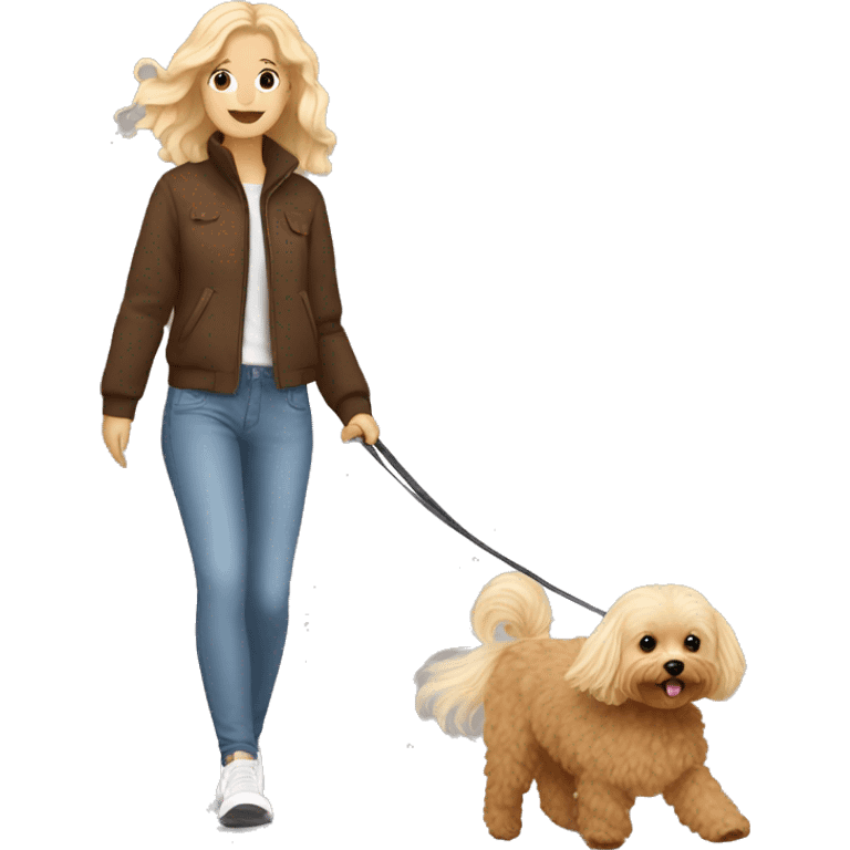 Brown Maltipoo walk with blonde girl with long hair emoji