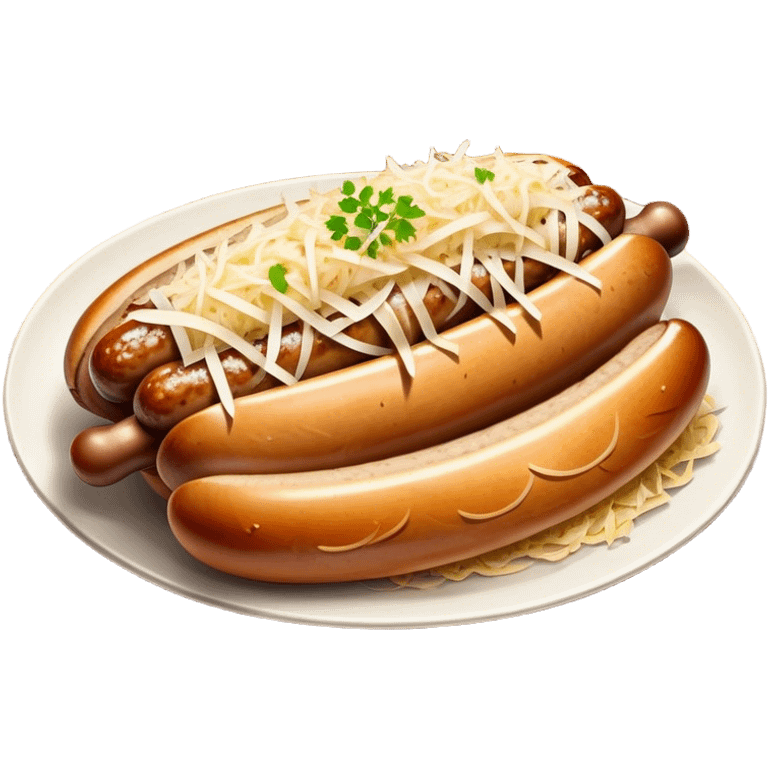 Bratwurst Cinematic Realistic Bratwurst Dish Emoji, depicted as a grilled bratwurst topped with a generous serving of shredded sauerkraut, rendered with rich textures and dynamic, appetizing lighting. emoji