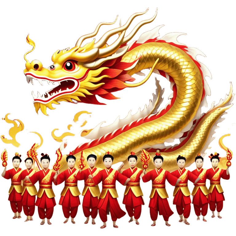 Cinematic Realistic scene of a Chinese Dragon Dance featuring performers energetically holding a vibrant dragon model aloft, with intricately detailed scales and dynamic flowing costumes, illuminated by festive red and gold lighting that captures the spirit of celebration. emoji