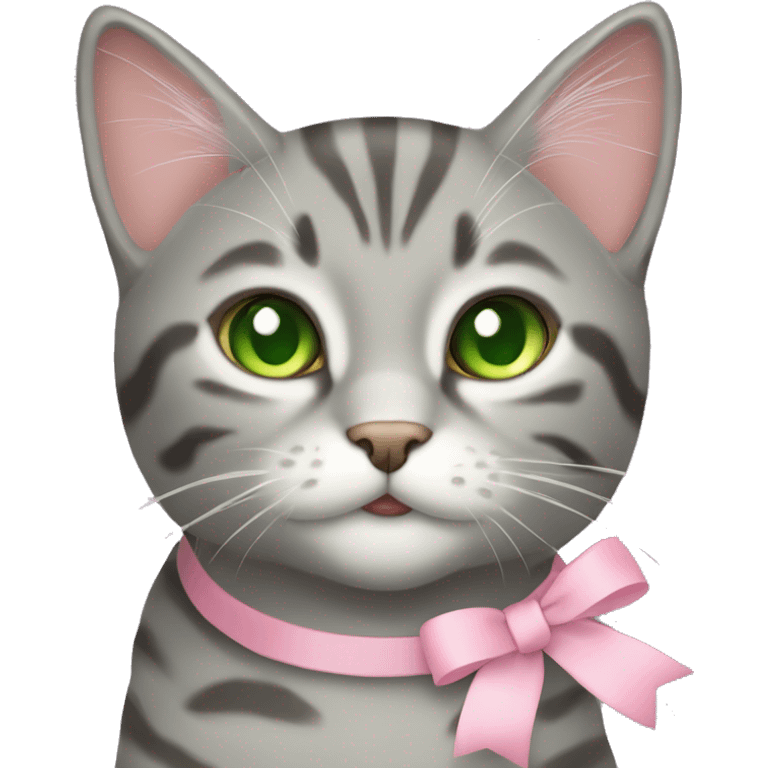 grey tabby cat with green eyes and light pink ribbon bow on her head emoji