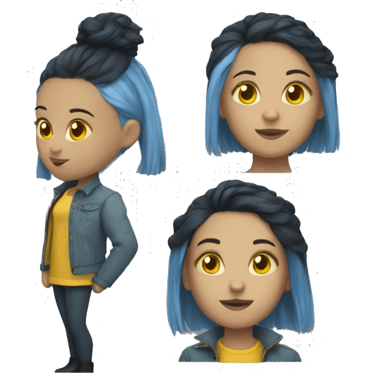 girl with short blue hair, a yellow jacket and black buttons for eyes  emoji