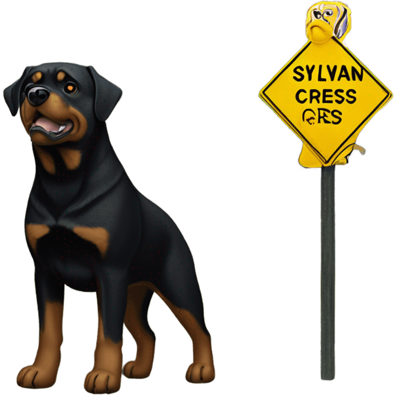 Rottweiler standing next to street sign saying sylvan cres emoji