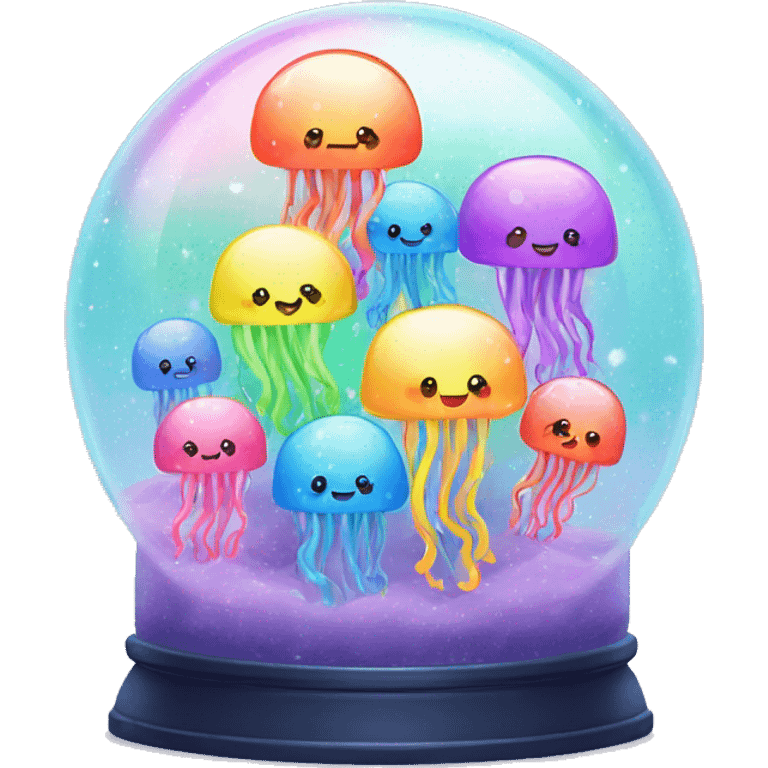 Kawaii rainbow pastel family of jellyfish  in neon snow globe  emoji