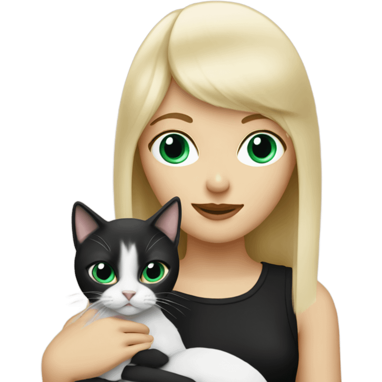 Blond lady with fringe holding a black and white cat emoji