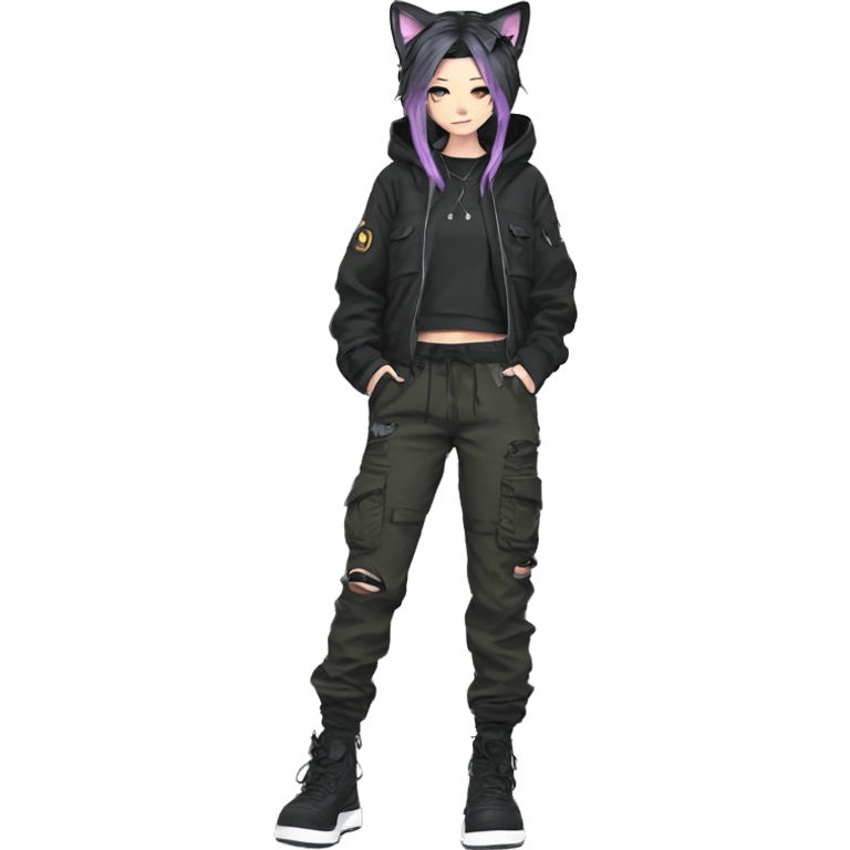 Edgy cool shy beautiful pretty anime punk tomboy with cat ears techwear cargo pants hoodie emoji