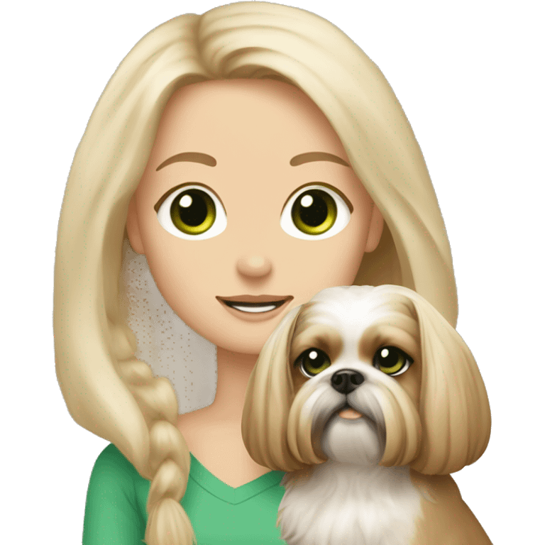 Girl with long blonde hair and green eyes and freckles holding an all beige shih tzu dog  emoji