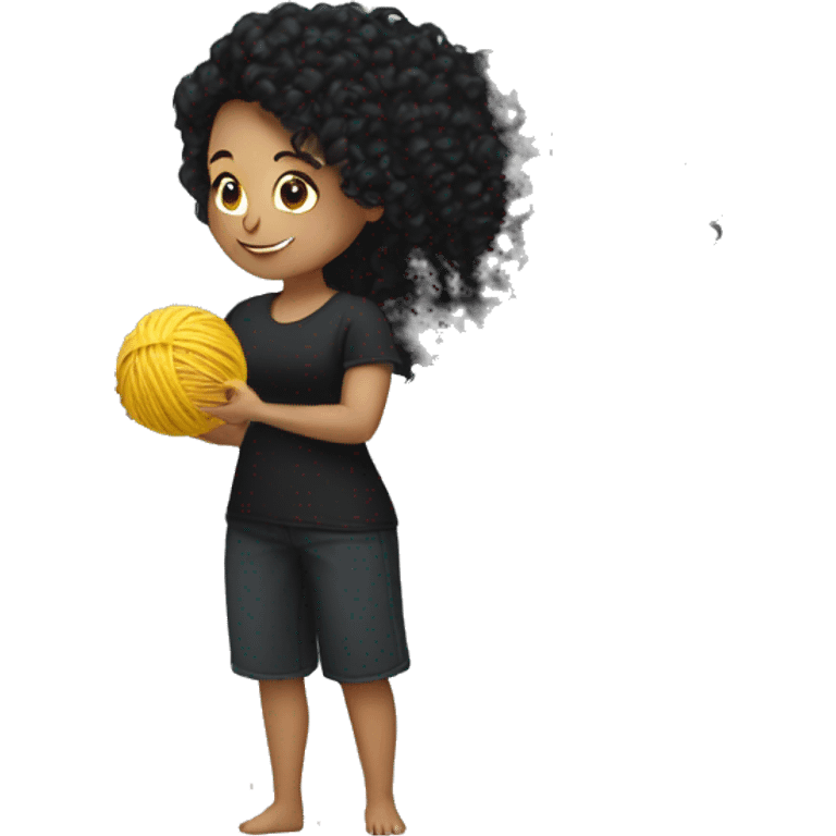 woman with long black curly hair holding one ball of yarn wearing a black shirt emoji